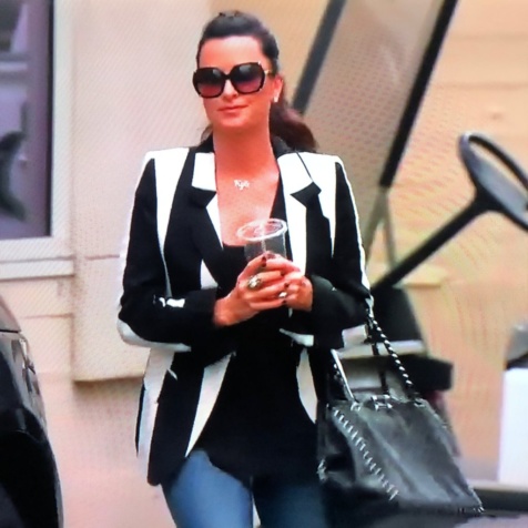 Kyle Richards Black And White Striped Blazer Big Blonde Hair