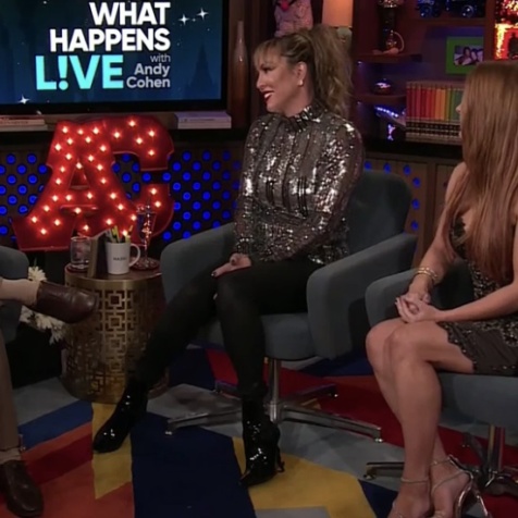 Kelly Dodd S Black Patent Booties On Wwhl Big Blonde Hair