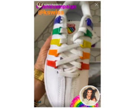 Kyle Richards Rainbow Stripe Sneakers Big Blonde Hair