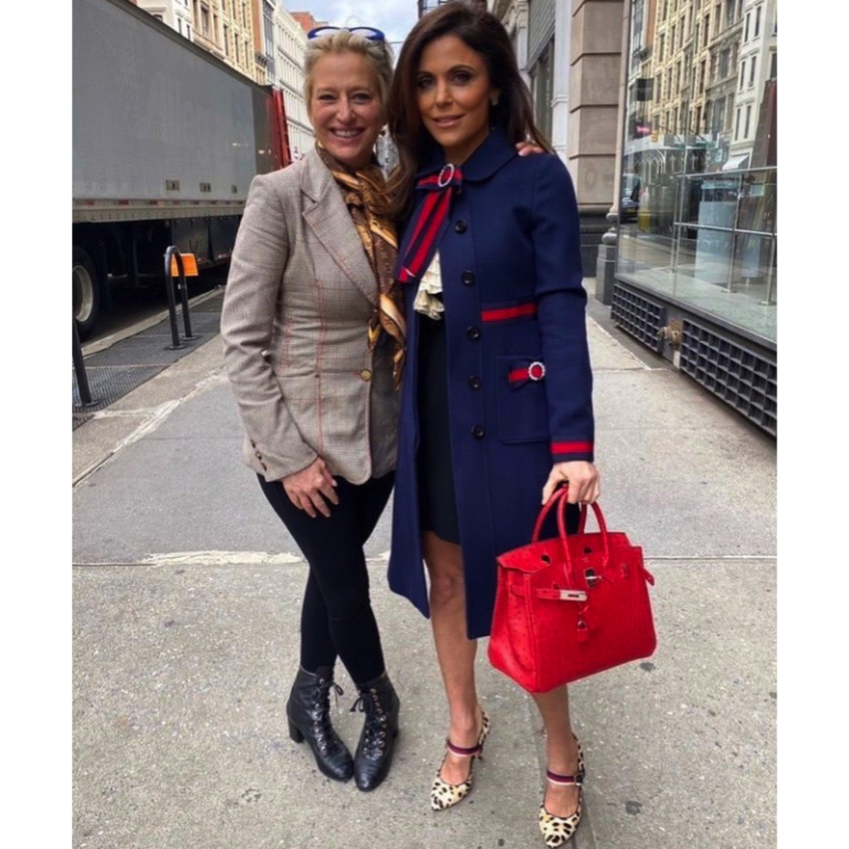 Bethenny Frankels Navy Blue Coat With Red Stripe Detail Big Blonde Hair