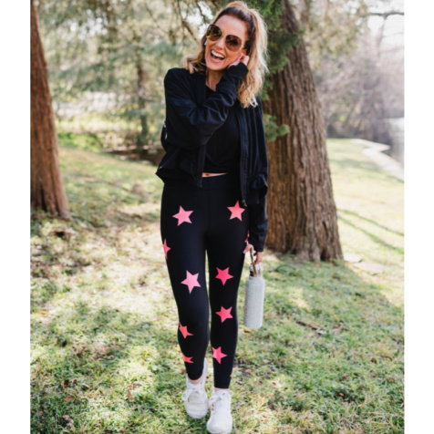 Stephanie Hollmans Black And Pink Star Print Leggings Big Blonde Hair