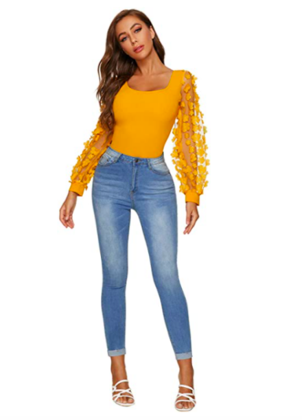 Jennifer Aydin S Yellow Floral Sleeve Bodysuit Big Blonde Hair