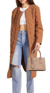 Melissa Gorgas Tan Quilted Coat Big Blonde Hair