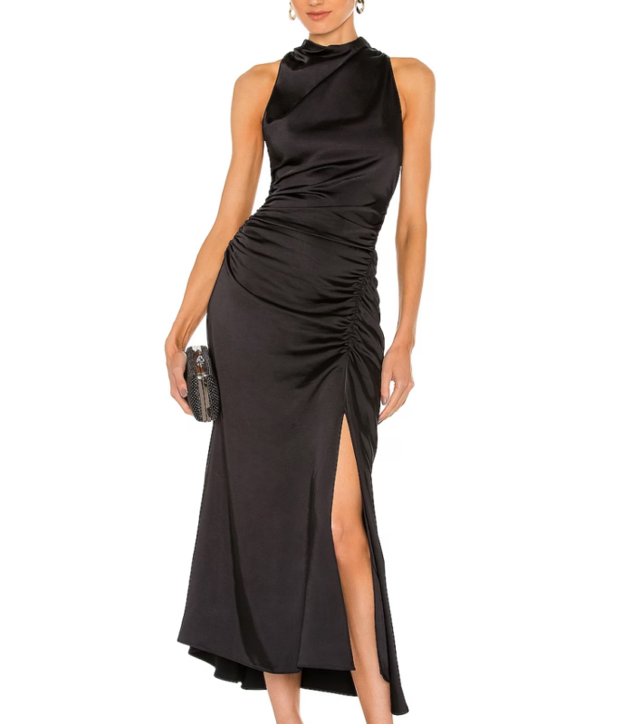 Emily Simpson's Black Ruched Satin Dress