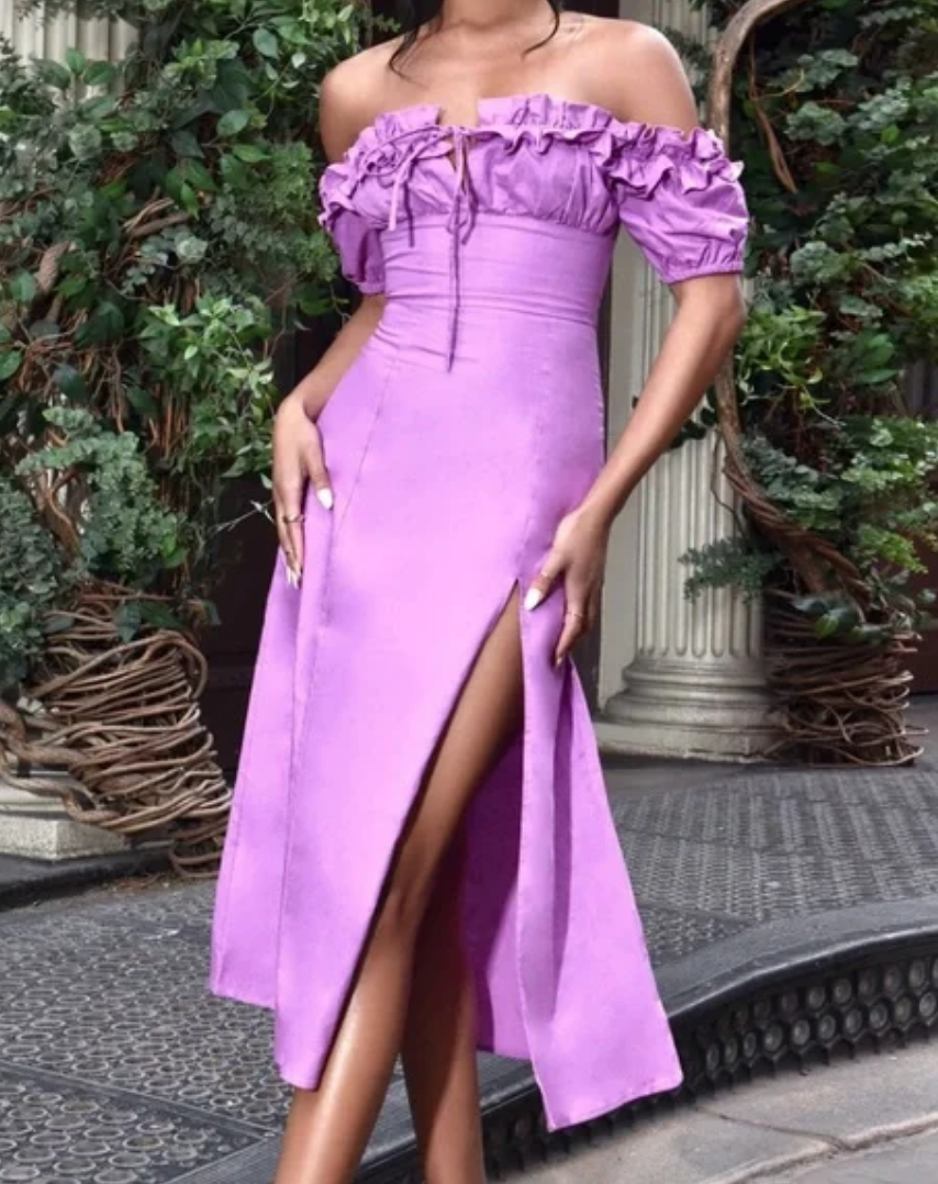Dolores Catania's Purple Ruffle Off The Shoulder Dress