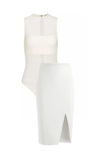 Jackie Goldschneider's White Mesh Bodysuit and Skirt