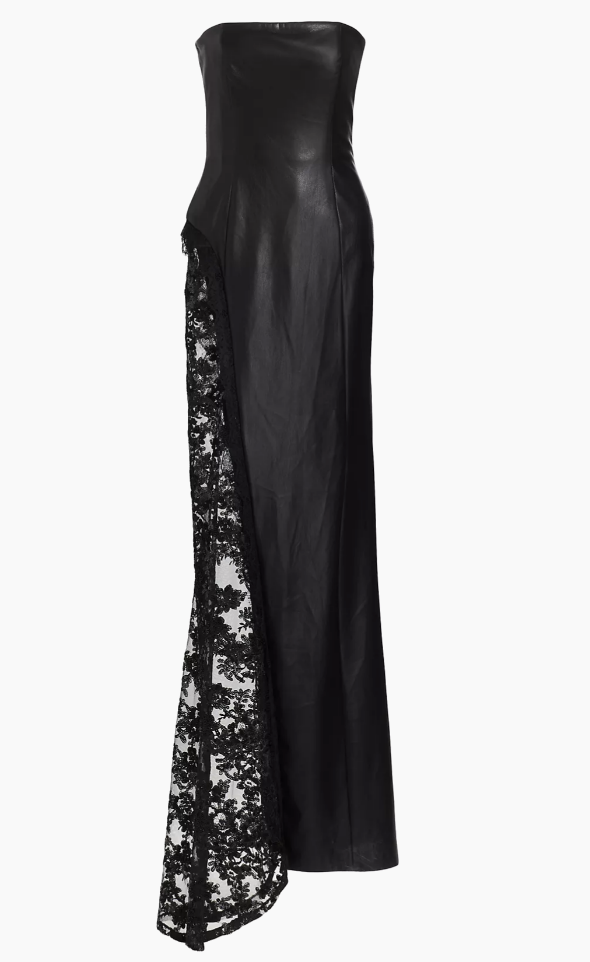 Lisa Hochstein's Black Leather Strapless Lace Maxi Dress
