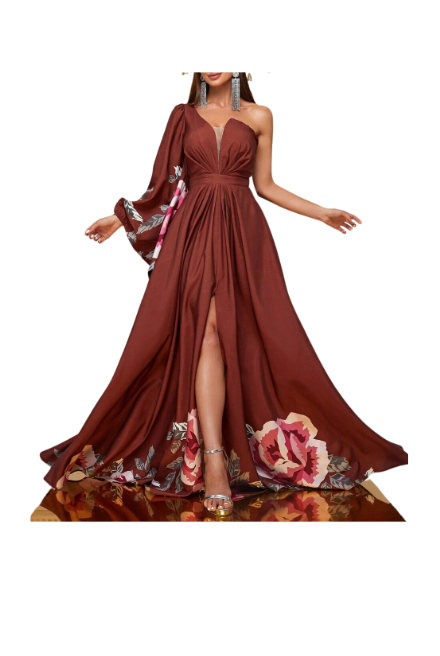 Jennifer Aydin's Burgundy Floral One Shoulder Gown