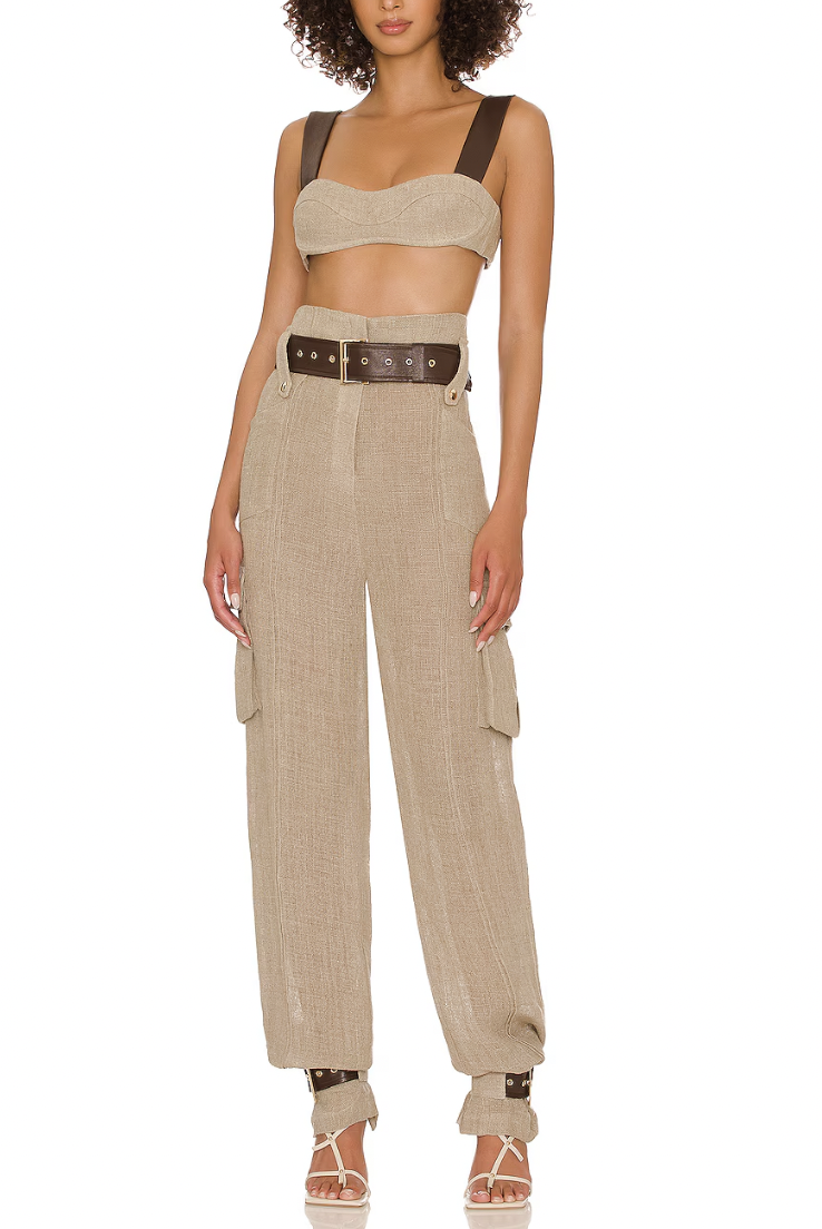 Lesa Milan's Tan Brown Belted Pant Set