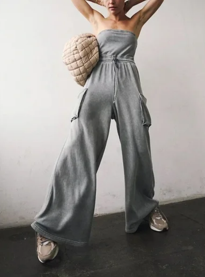 Rachel Fuda's Grey Strapless Wide Leg Jumpsuit
