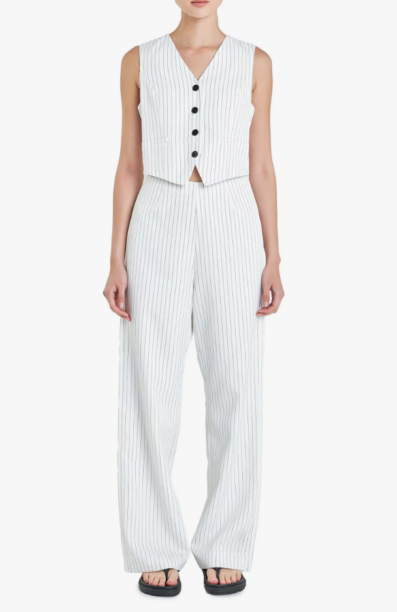 Dolores Catania's White Pinstriped Jumpsuit Real Housewives of New Jersey Instagram Fashion Grey Lab Vest Wide Leg Jumpsuit